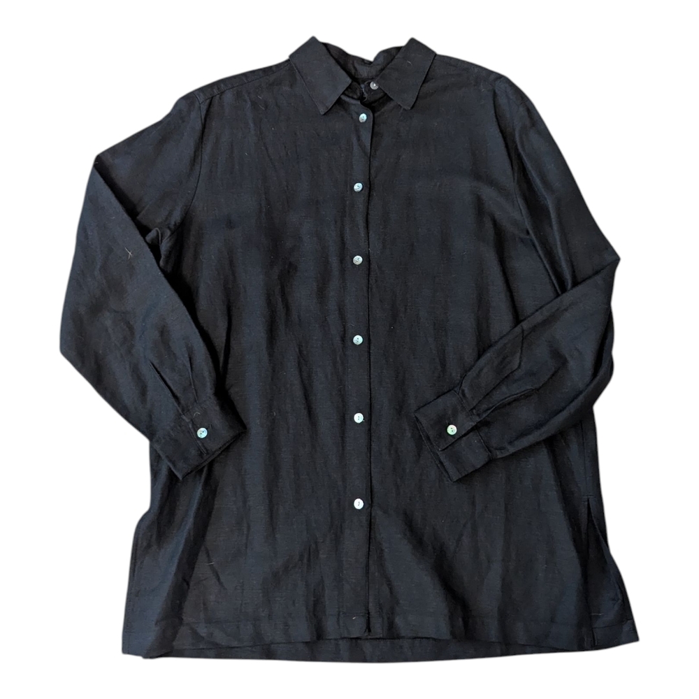 Karen Scott Black Linen Blend Button Front Long Sleeve Tunic Top Women's Medium